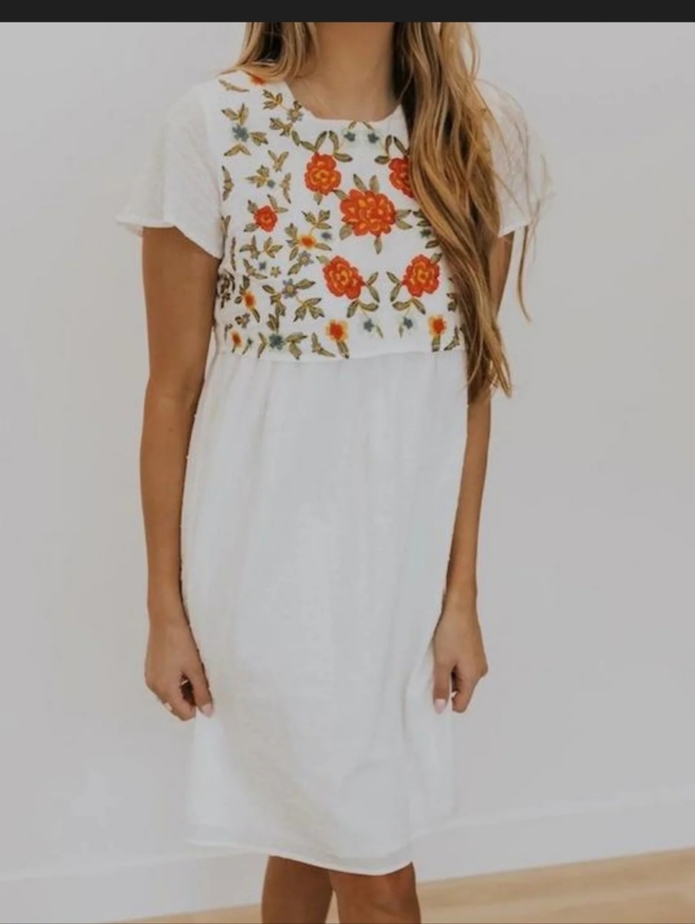 Roolee White Midi Dress with Orange Floral Embroidery